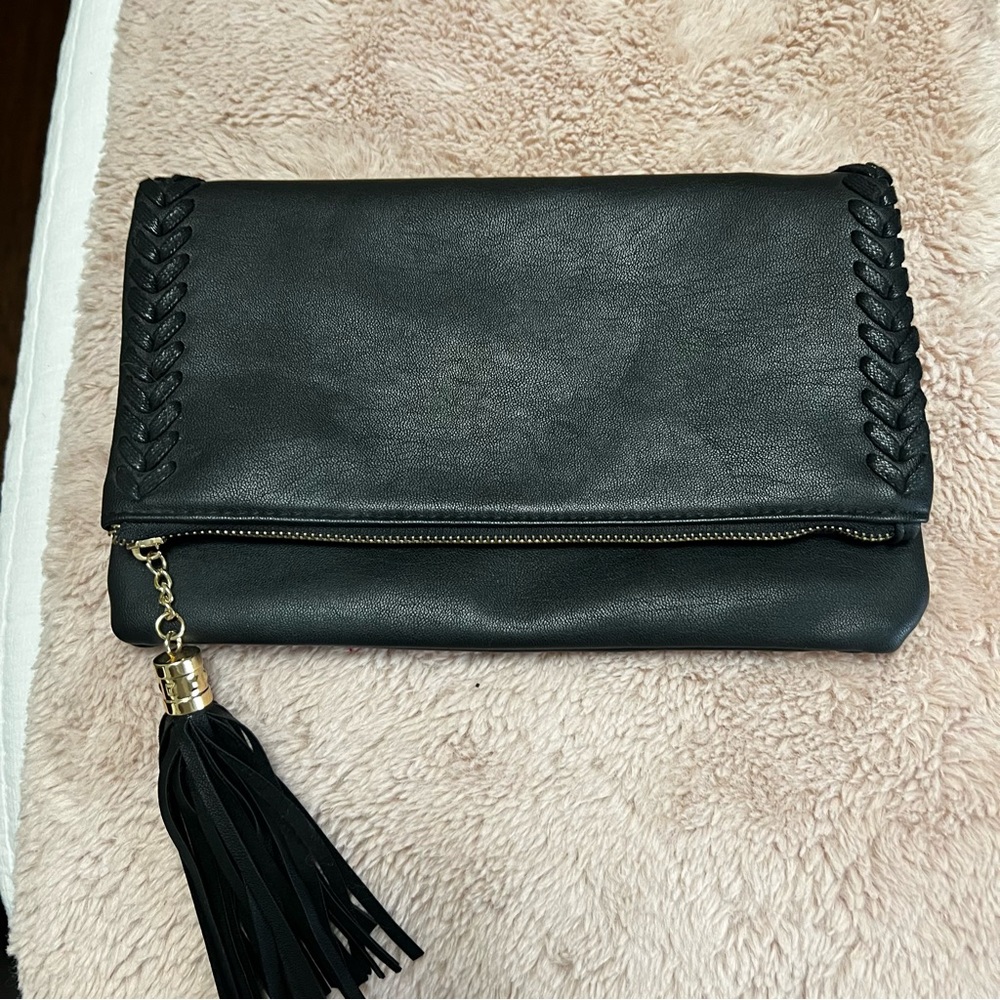 3AM Forever Black Leather Clutch Bag with Gold Chain for Purse